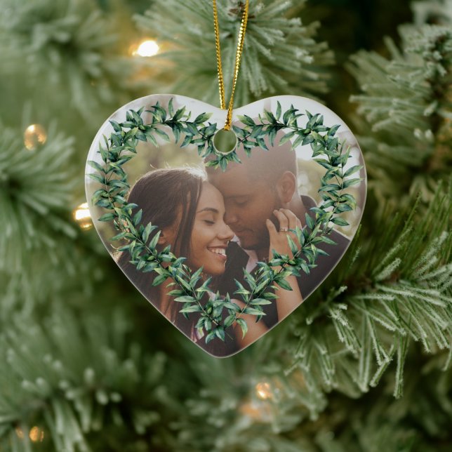 Personalized Heart First Married Christmas Photo Ceramic Ornament (Tree)