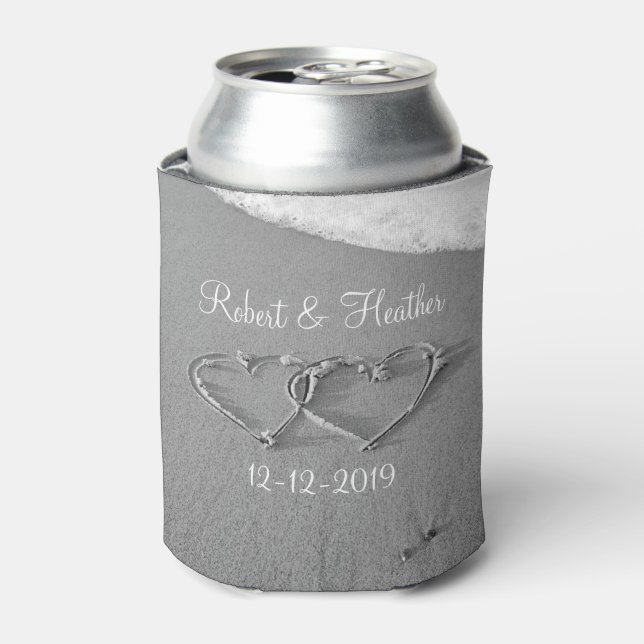 Personalized heart in sand wedding can coolers (Can Front)