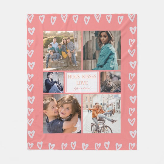 Personalized Heart Love Pink Photo Collage Grandma Fleece Blanket (Front)