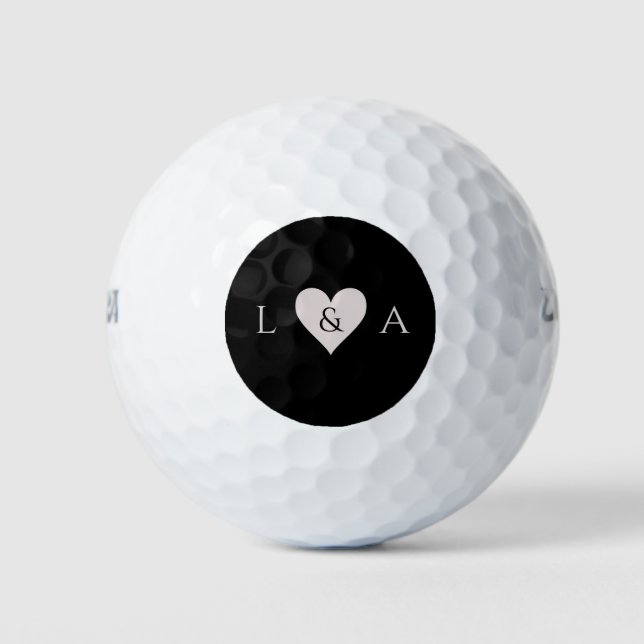 Personalized Heart Monogram Black Grey Golf Balls (Front)