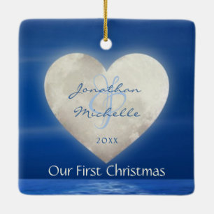 Personalized Heart Moon Love Our First Christmas Ceramic Ornament