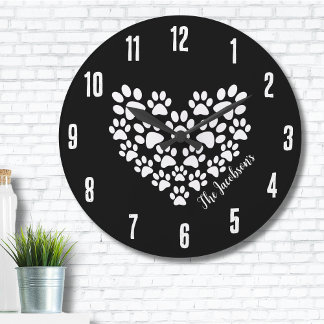 Personalized Heart Paw Prints Large Clock
