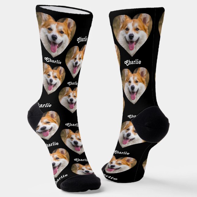 Personalized Heart Pet Photo Pattern with Name Socks (Angled)