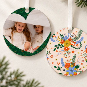 Personalized Heart Photo Green Botanical Christmas Metal Ornament