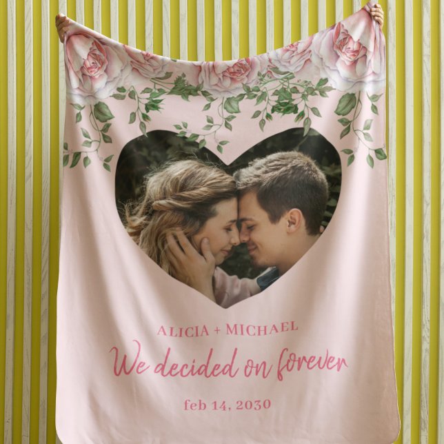 Personalized heart photo pink roses engagement fleece blanket (Creator Uploaded)