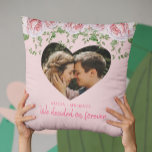 Personalized heart photo pink roses engagement throw pillow<br><div class="desc">Cute couple custom heart photo pink throw pillow with romantic roses,  "we decided on forever" text,  and your names.         Personalized it with your picture and text!          It can be a cute gift for Valentine's Day to celebrate relationship anniversary,  engagement,  or your first girlfriend boyfriend Valentine.</div>