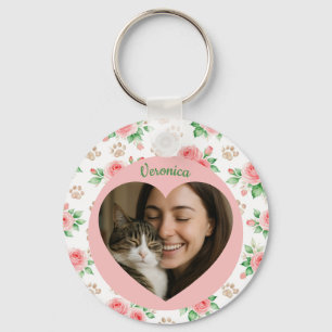 Personalized Heart Photo & Watercolor Floral  Keychain
