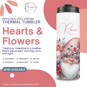 Personalized Hearts & Flowers Gnome Thermal Tumbler