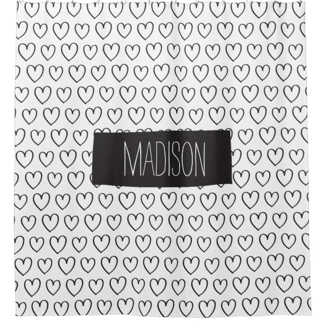 Personalized Hearts Shower Curtain-Black and White (Front)