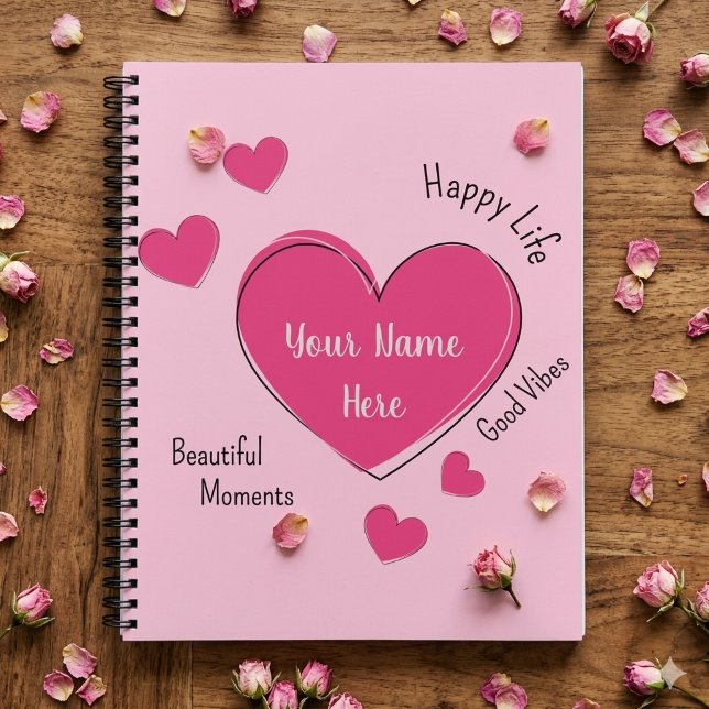 Personalized Hearts Spiral Notebook Sketchbook (Pink spiral notebook with pink hearts and customizable texts.)