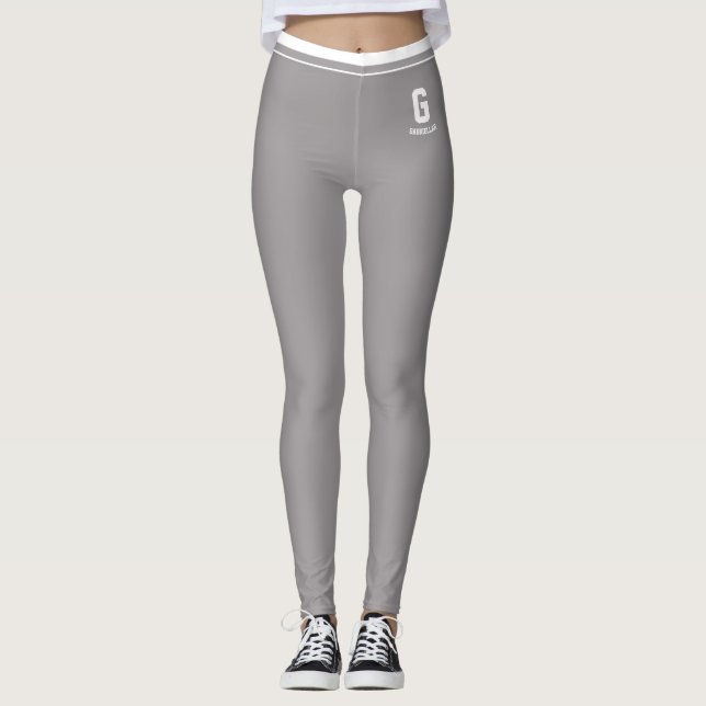 Personalized Heathered Grey Striped White Monogram Leggings (Front)