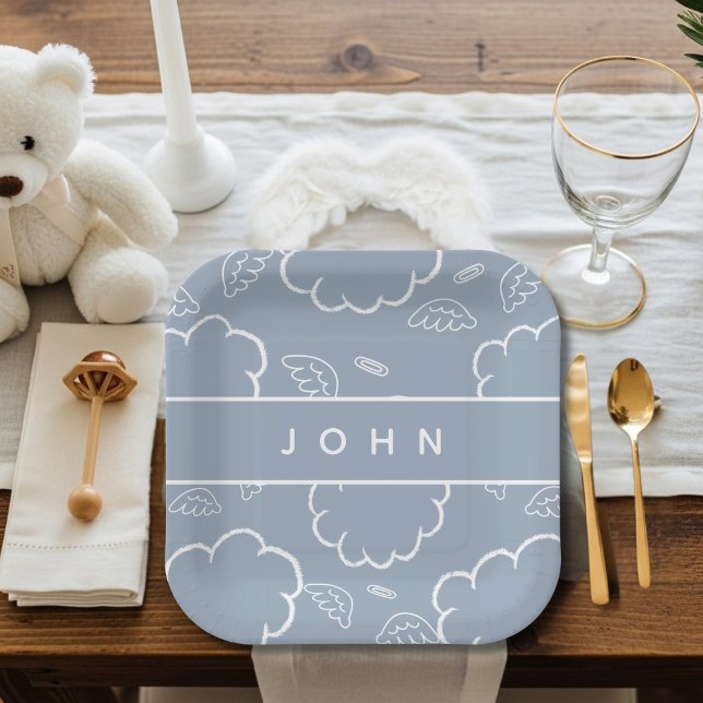 Personalized Heavenly Angel Halo Cloud  Blue   Paper Plate (Personalized Heavenly Angel Halo Cloud Blue Paper Plates)