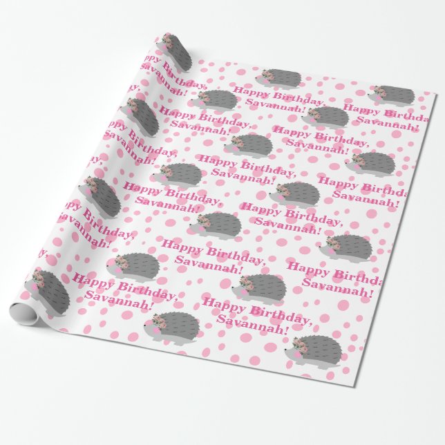 Personalized Hedgehog Birthday Wrapping Paper (Unrolled)