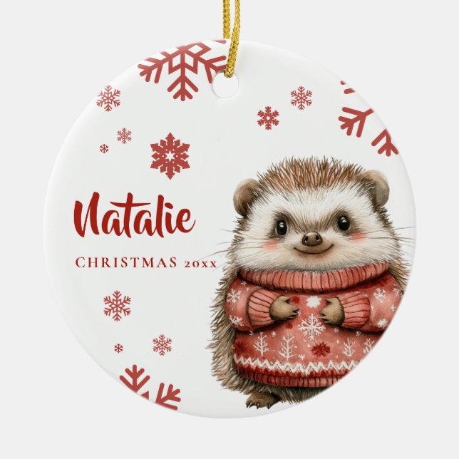 Personalized Hedgehog Christmas Snowflake Ceramic Ornament (Front)