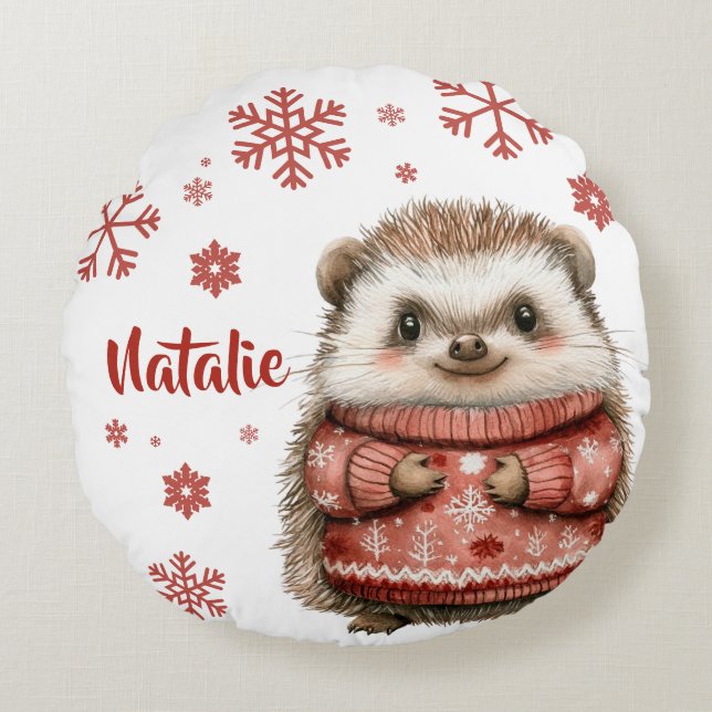 Personalized Hedgehog Christmas Snowflake Round Pillow (Front)