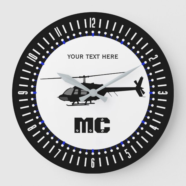 Personalized Helicopter Chopper Silhouette on a Large Clock (Front)