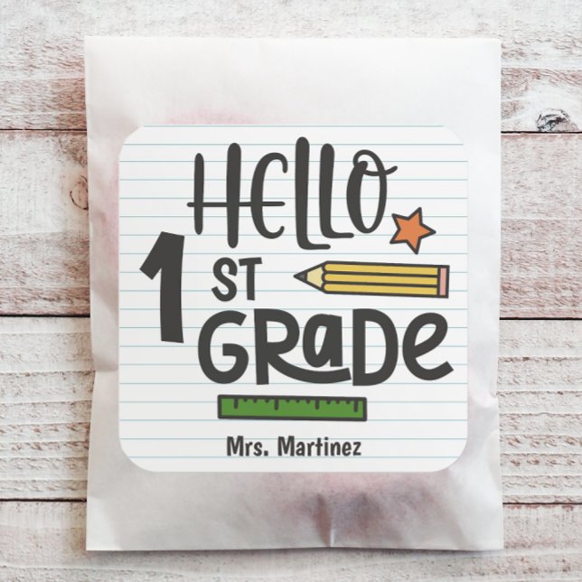 Personalized Hello 1st Grade Square Sticker (Personalize this back to school sticker with just a few clicks.)