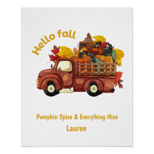 Personalized Hello Fall Red Truck Autumn Harvest Poster