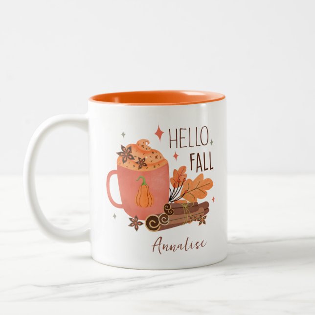 Personalized Hello Fall Two-Tone Coffee Mug (Left)
