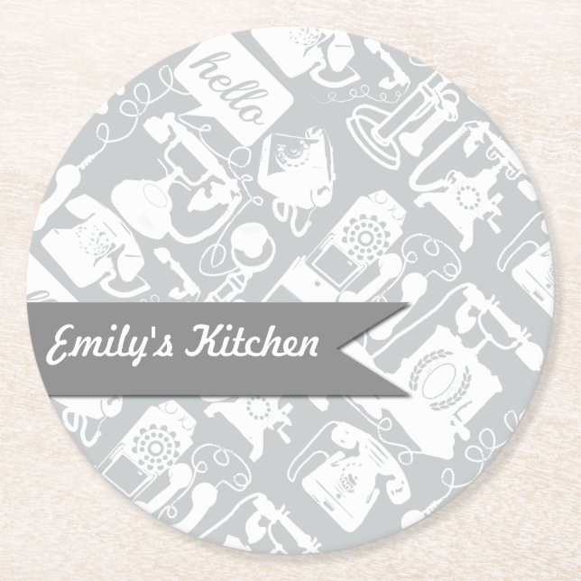 Personalized Hello Grey Retro Telephone Round Paper Coaster (Front)
