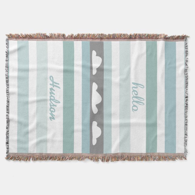 Personalized Hello Modern Aqua Striped Clouds Throw Blanket (Front)