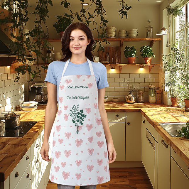 Personalized Herb Whisperer Apron with Pink Hearts (Creator Uploaded)