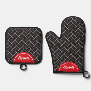 Personalized Herringbone Brick Black White Oven Mitt & Pot Holder Set
