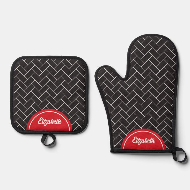 Personalized Herringbone Brick Black White Oven Mitt & Pot Holder Set (Front)