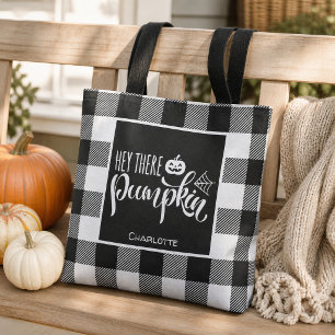 Personalized Hey There Pumpkin Black Buffalo Plaid Tote Bag