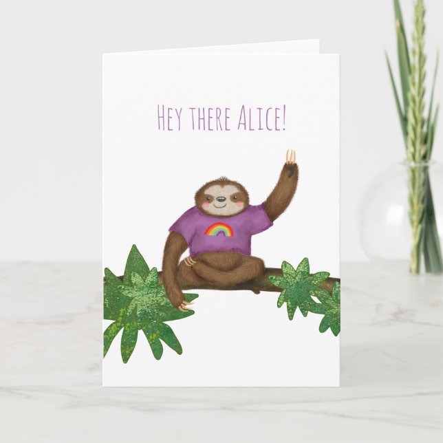 Personalized 'hey there' yogi sloth card (Front)