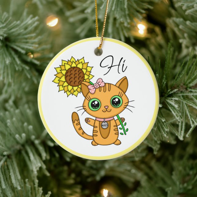 Personalized Hi and Hugs | Cute Cat with Sunflower Ceramic Ornament (Tree)