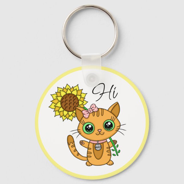 Personalized Hi and Hugs | Cute Cat with Sunflower Keychain (Front)