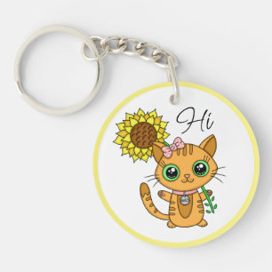 Personalized Hi and Hugs   Cute Cat with Sunflower Keychain