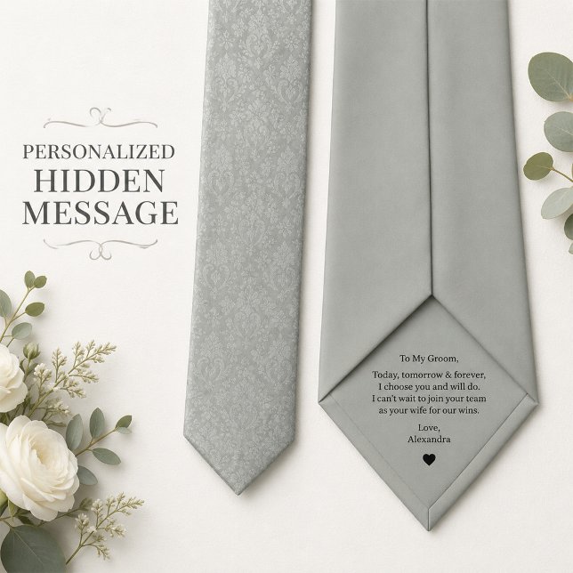 Personalized Hidden Message Silver Damask Wedding Tie (Personalized hidden message men's neck tie)