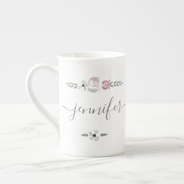Personalized high tea bridal shower guest flower bone china mug (Left)