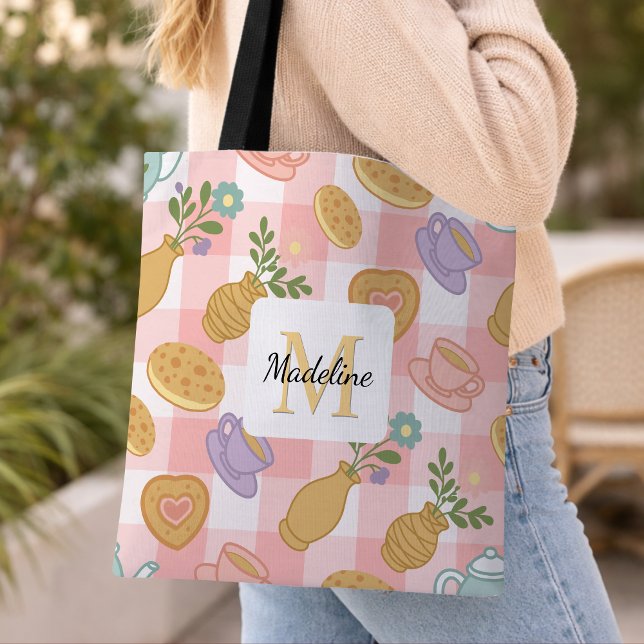 Personalized High Tea Florals Monogram Pastel Pink Tote Bag (Creator Uploaded)