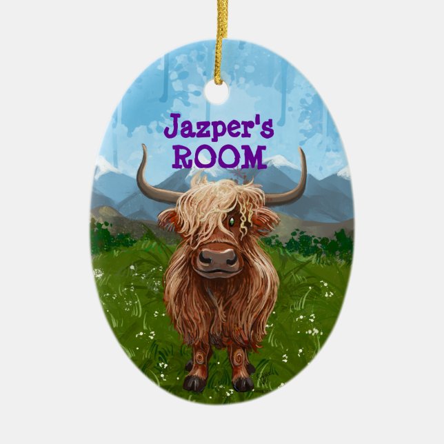 Personalized Highland Cow Coming and Going Ceramic Ornament (Front)