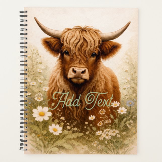Personalized Highland Cow Elegant White Floral  Planner (Front)