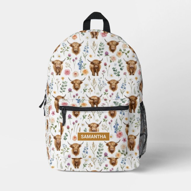 Personalized Highland Cow Floral Printed Backpack (Front)