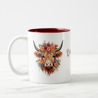 Personalized Highland Cow Floral | Rustic Boho Two-Tone Coffee Mug