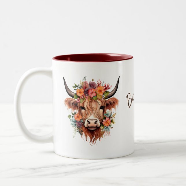 Personalized Highland Cow Floral | Rustic Boho Two-Tone Coffee Mug (Left)