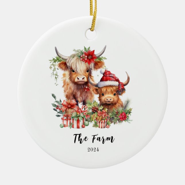Personalized Highland Cow Heifer Farm Santa Hat Ceramic Ornament (Front)