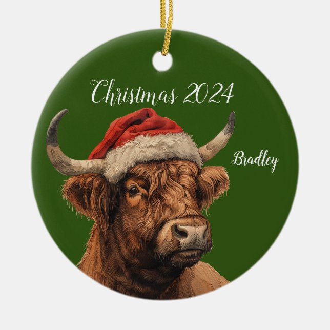 Personalized  Highland Cow with Santa Cap Ceramic Ornament (Front)