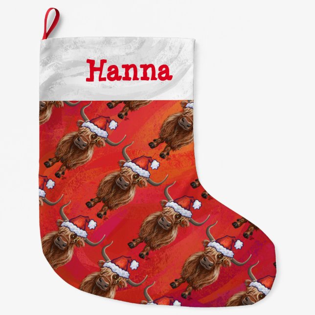 Personalized Highland  in Santa Hat Pattern on Red Large Christmas Stocking (Front)