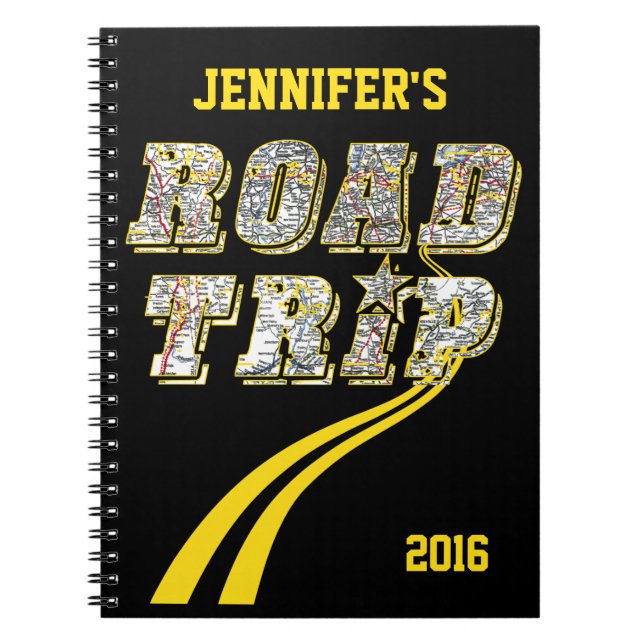 Personalized Highway Map Yellow Lines Road Trip Notebook (Front)