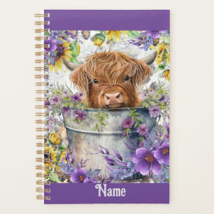Personalized Hiland Cow with Purple Flowers Planner