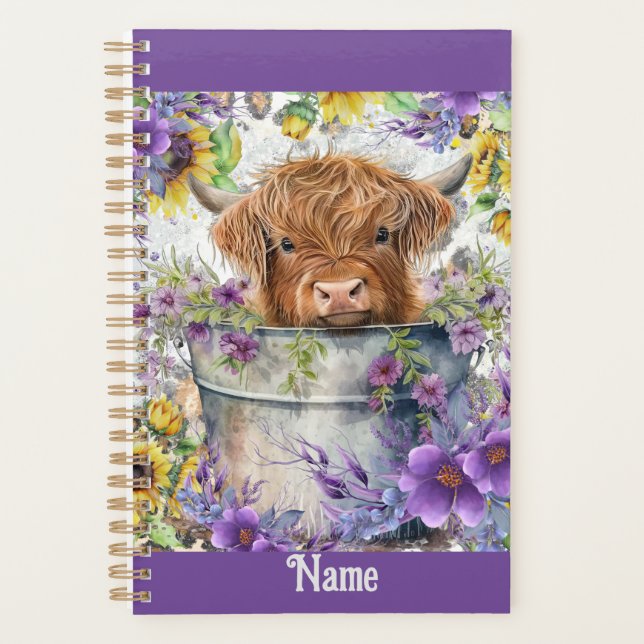 Personalized Hiland Cow with Purple Flowers Planner (Front)