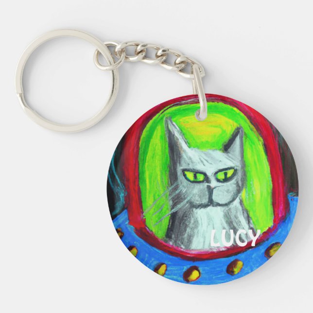 PERSONALIZED HILARIOUS CAT IN UFO CARTOON  KEYCHAIN (Front)