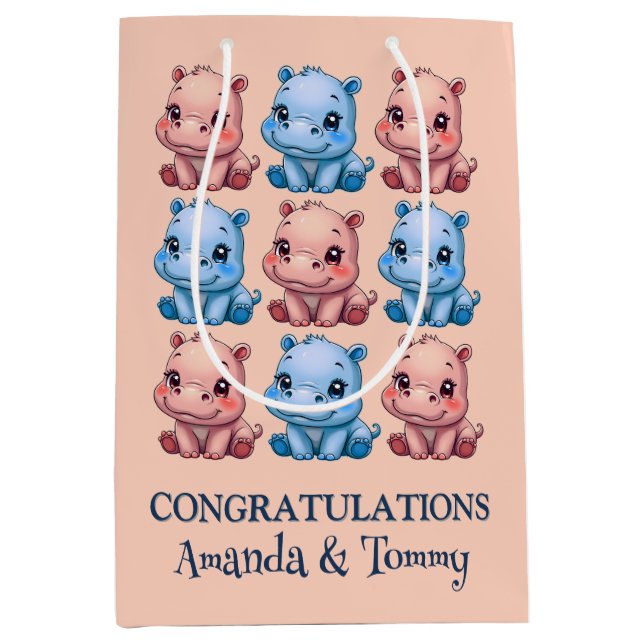 Personalized Hippo Baby Shower Pink Medium Gift Bag (Front)