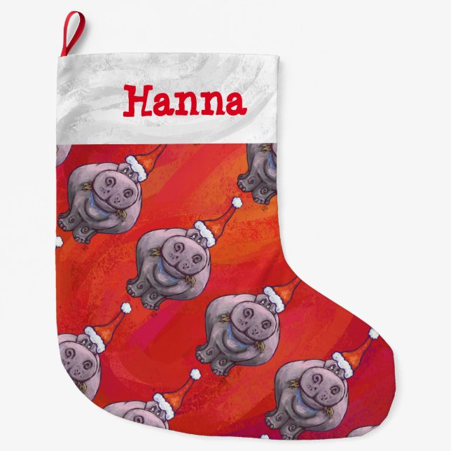 Personalized Hippo in Santa Hat Pattern on Red Large Christmas Stocking (Front)